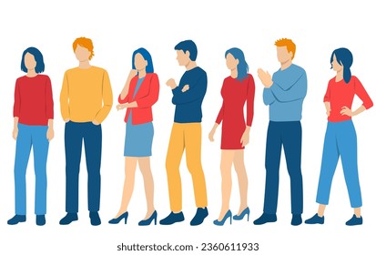  Set of young men and women, different colors, cartoon character, group of silhouettes of standing business people, students, the design concept of flat icon, isolated on white background