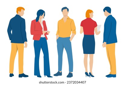  Set of young men and women, different colors, cartoon character, group of silhouettes of standing business people, students,  design concept of flat icon, isolated on white background