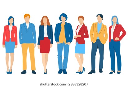  Set of young men and women, different colors, cartoon character, group of silhouettes of standing business people, students,  design concept of flat icon, isolated on white background