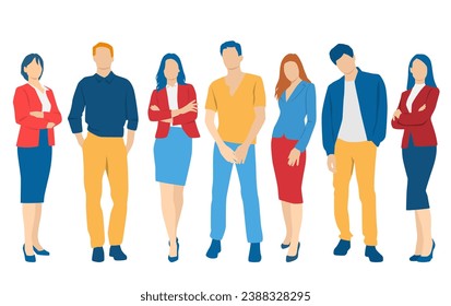  Set of young men and women, different colors, cartoon character, group of silhouettes of standing business people, students,  design concept of flat icon, isolated on white background