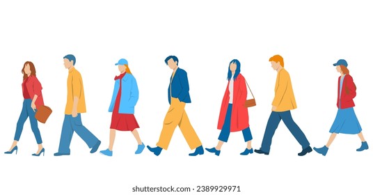  Set of young men and women, different colors, cartoon character, group of silhouettes of walking business people, profile, students,  design concept of flat icon, isolated on white background