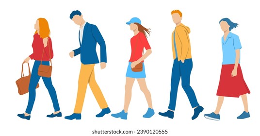  Conjunto de hombres y mujeres jóvenes, diferentes colores, personaje de caricatura, grupo de siluetas de gente de negocios caminando, perfil, estudiantes, concepto de diseño de icono plano, aislado en fondo blanco