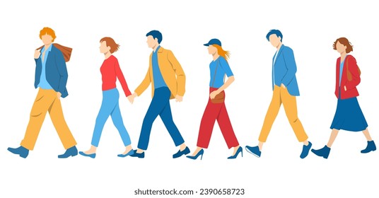  Conjunto de hombres y mujeres jóvenes, diferentes colores, personaje de caricatura, grupo de siluetas de gente de negocios caminando, perfil, estudiantes, concepto de diseño de icono plano, aislado en fondo blanco