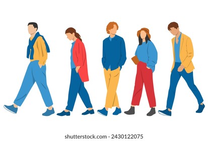  Set of young men and women, different colors, cartoon character, group of silhouettes of walking business people, profile, students,  design concept of flat icon, isolated on white background