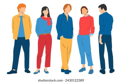  Set of young men and women , different colors, cartoon character, group of silhouettes of standing business people, students, design concept of flat icon, isolated on white background