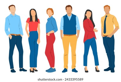  Set of young men and women , different colors, cartoon character, group of silhouettes of standing business people, students, design concept of flat icon, isolated on white background