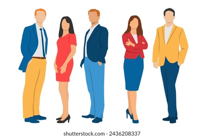  Set of young men and women , different colors, cartoon character, group of silhouettes of standing business people, students, design concept of flat icon, isolated on white background