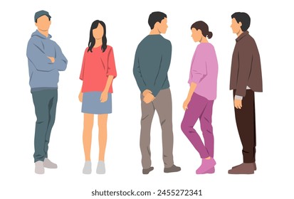  Set of young men and women , different colors, cartoon character, group of silhouettes of standing business people, students, design concept of flat icon, isolated on white background