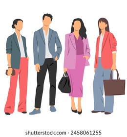  Set of young men and women , different colors, cartoon character, group of silhouettes of standing business people, students, design concept of flat icon, isolated on white background