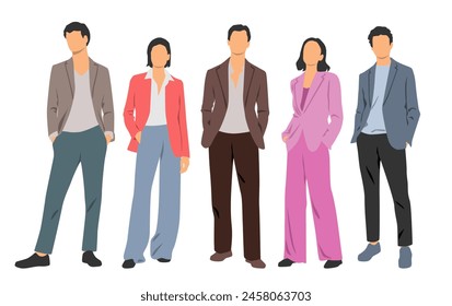  Set of young men and women , different colors, cartoon character, group of silhouettes of standing business people, students, design concept of flat icon, isolated on white background