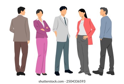  Set of young men and women , different colors, cartoon character, group of silhouettes of standing business people, students, design concept of flat icon, isolated on white background