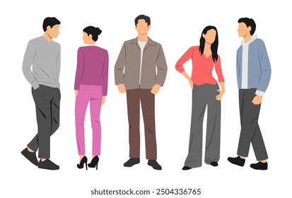  Set of young men and women , different colors, cartoon character, group of silhouettes of standing business people, students, design concept of flat icon, isolated on white background