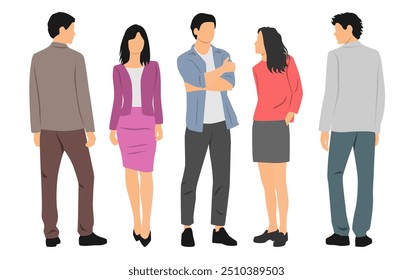  Set of young men and women, different colors, cartoon character, group of silhouettes of standing business people, profile, students, the design concept of flat icon, isolated on white background