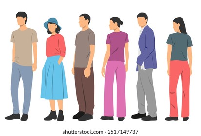  Set of young men and women , different colors, cartoon character, group of silhouettes of standing business people, students, design concept of flat icon, isolated on white background