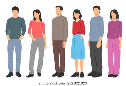 Set of young men and women , different colors, cartoon character, group of silhouettes of standing business people, students, design concept of flat icon, isolated on white background