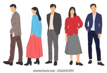  Set of young men and women , different colors, cartoon character, group of silhouettes of standing business people, students, design concept of flat icon, isolated on white background
