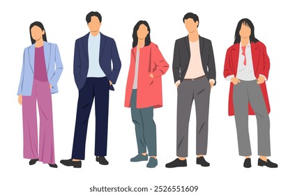  Set of young men and women , different colors, cartoon character, group of silhouettes of standing business people, students, design concept of flat icon, isolated on white background