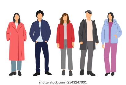  Set of young men and women , different colors, cartoon character, group of silhouettes of standing business people, students, design concept of flat icon, isolated on white background