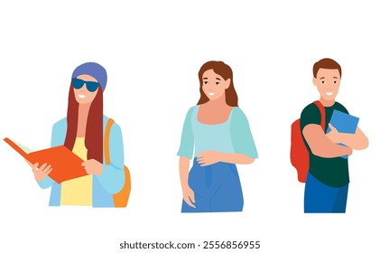 Set of young men and women , different colors, cartoon character, group of silhouettes of standing business people, students, design concept of flat icon, isolated on white background