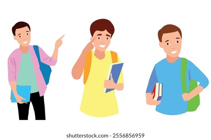 Set of young men and women , different colors, cartoon character, group of silhouettes of standing business people, students, design concept of flat icon, isolated on white background