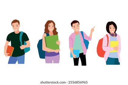 Set of young men and women , different colors, cartoon character, group of silhouettes of standing business people, students, design concept of flat icon, isolated on white background