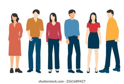  Set of young men and women , different colors, cartoon character, group of silhouettes of standing business people, students, design concept of flat icon, isolated on white background