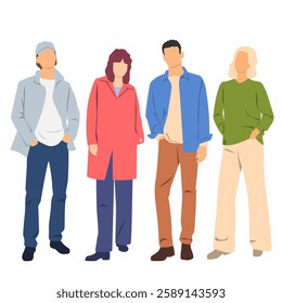  Set of young men and women , different colors, cartoon character, group of silhouettes of standing business people, students, design concept of flat icon, isolated on white background