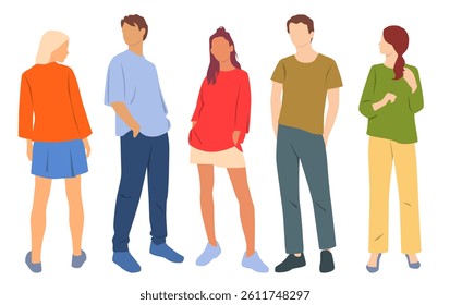  Set of young men and women , different colors, cartoon character, group of silhouettes of standing business people, students, design concept of flat icon, isolated on white background