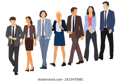  Set of young men and women, different colors, cartoon character, group of silhouettes of walking business people, design concept of flat icon, isolated on white background