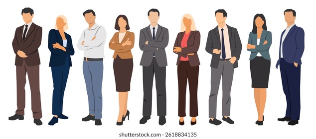  Set of young men and women, different colors, cartoon character, group of silhouettes of standing business people, design concept of flat icon, isolated on white background