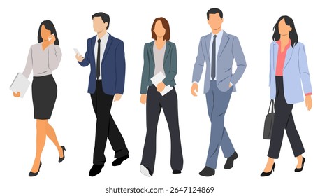  Set of young men and women, different colors, cartoon character, group of silhouettes of walking business people, design concept of flat icon, isolated on white background