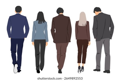  Set of young men and women, different colors, cartoon character, group silhouettes of walking business people, back view, design concept, flat icon, isolated on white background