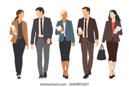  Set of young men and women, different colors, cartoon character, group silhouettes of walking business people, front view, design concept, flat icon, isolated on white background