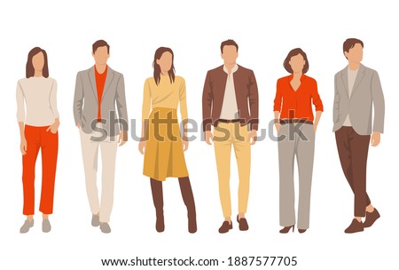  Set of young men and women, different colors, cartoon character, group of silhouettes of standing business people, students, the design concept of flat icon, isolated on white background