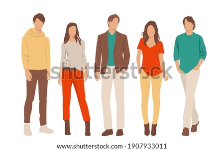  Set of young men and women, different colors, cartoon character, group of silhouettes of standing business people, students, the design concept of flat icon, isolated on white background