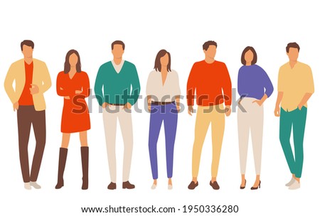  Set of young men and women, different colors, cartoon character, group of silhouettes of standing business people, students, the design concept of flat icon, isolated on white background