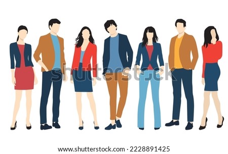  Set of young men and women, different colors, cartoon character, group of silhouettes of standing business people, students, the design concept of flat icon, isolated on white background