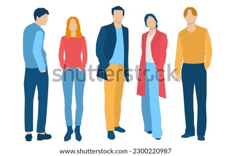  Set of young men and women, different colors, cartoon character, group of silhouettes of standing business people, students, the design concept of flat icon, isolated on white background