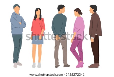  Set of young men and women , different colors, cartoon character, group of silhouettes of standing business people, students, design concept of flat icon, isolated on white background