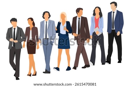  Set of young men and women, different colors, cartoon character, group of silhouettes of walking business people, design concept of flat icon, isolated on white background