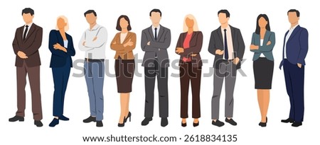  Set of young men and women, different colors, cartoon character, group of silhouettes of standing business people, design concept of flat icon, isolated on white background