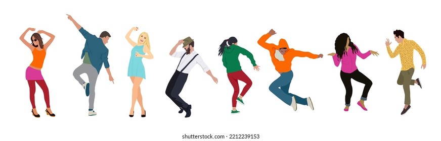 Set of young men and women dressed in trendy clothes dancing at club or music concert. Collection of male and female cartoon characters having fun at dance party. Flat colorful vector illustration.