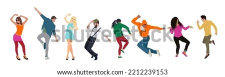 Set of young men and women dressed in trendy clothes dancing at club or music concert. Collection of male and female cartoon characters having fun at dance party. Flat colorful vector illustration.