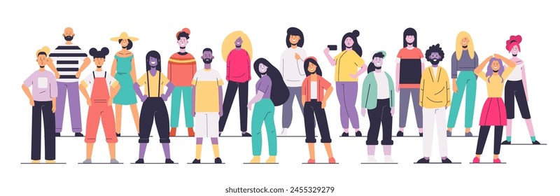 set young men women group posing in casual clothes female cartoon characters standing together full length horizontal