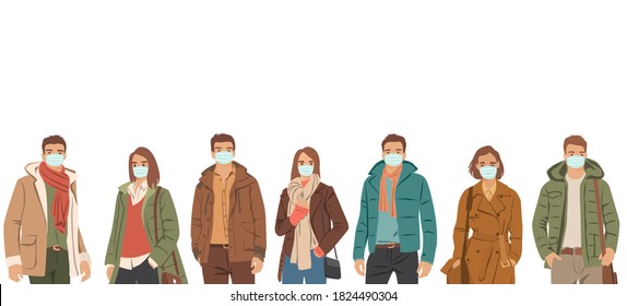 Set of young men and women in medical masks, protection from covid 19, standing  in autumn and winter outerwear, different colors, cartoon character, silhouettes of people, students, flat icon design 