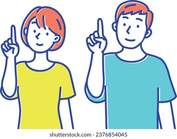A set of young men and women pointing upwards