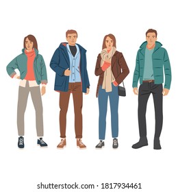 Set of young men and women standing  in spring, autumn and winter outerwear, different colors, cartoon character, silhouettes of people, students, flat icon design concept, isolated on white 