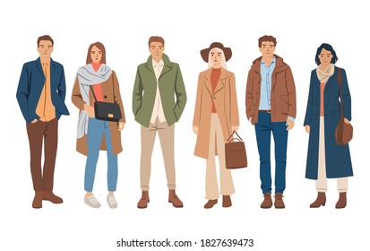 Set of young men and women standing  in spring, autumn and winter outerwear, different colors, cartoon character, silhouettes of people, students, flat icon design concept, isolated on white 