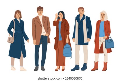 Set of young men and women standing  in spring, autumn and winter outerwear, different colors, cartoon character, silhouettes of people, students, flat icon design concept, isolated on white 