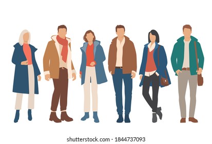 Set of young men and women standing  in spring, autumn and winter outerwear, different colors, cartoon character, silhouettes of people, students, flat icon design concept, isolated on white 